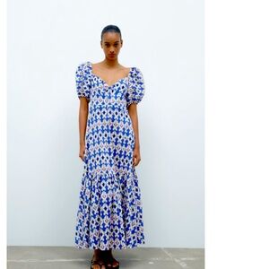 ZARA PRINTED MAXI DRESS XXL tie neckline, smocked back makes it fit many bust
